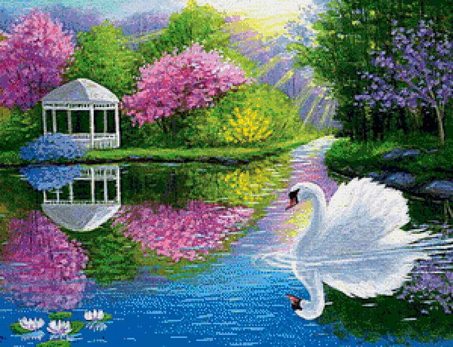 А белый лебедь на пруду... - беседка, лебеди, картина, озеро, пейзаж, птицы, пруд - предпросмотр