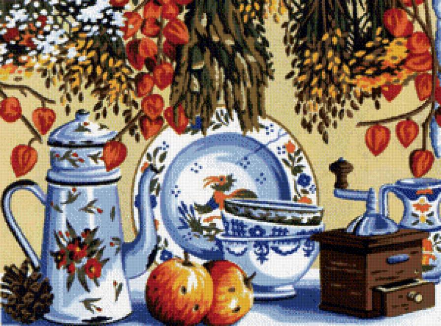 для кухни - посуда, цветы, тарелка, яблоки, стол - предпросмотр