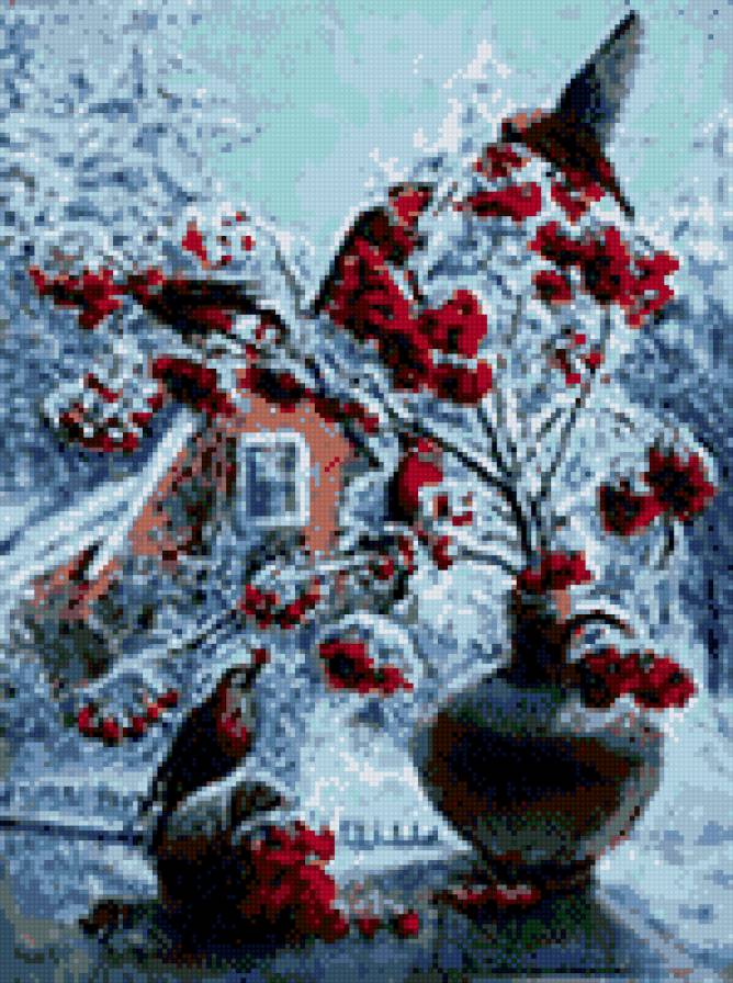 РЯБИНА В СНЕГУ - снег, зима, птицы, рябина, пейзаж - предпросмотр