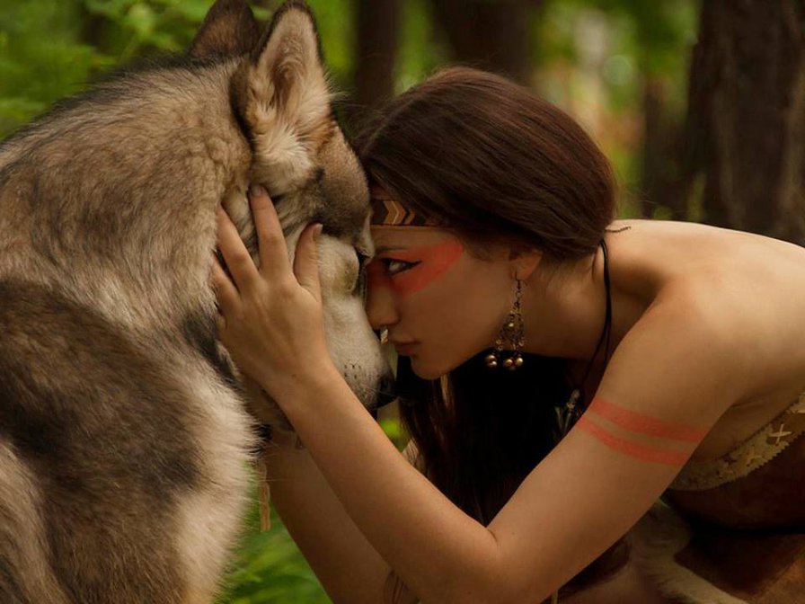 Девушка и волк - девушка, инлейцы, волк - оригинал