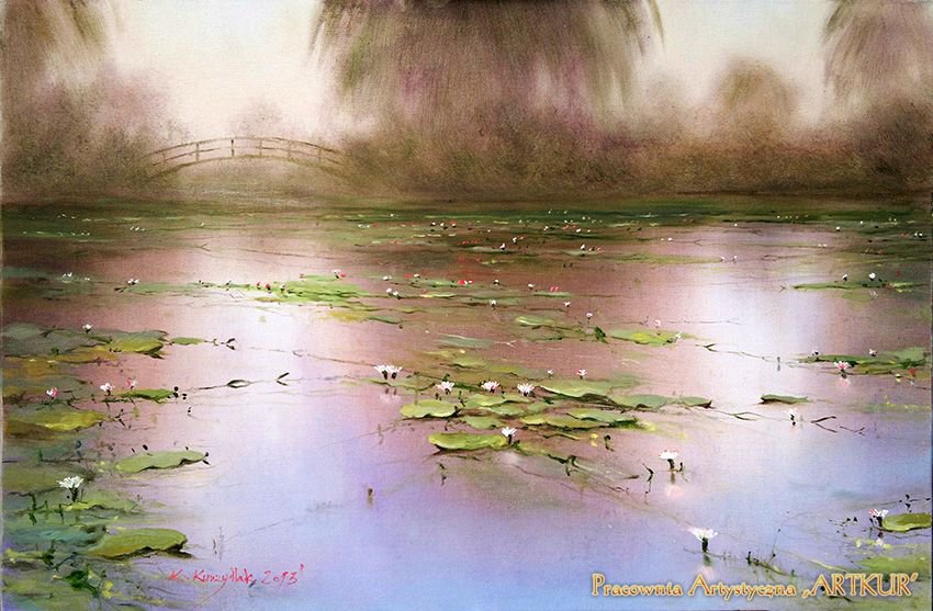Krzysztof Kurzydlak-Staw z mostkiem - natura, kwiaty, most - оригинал