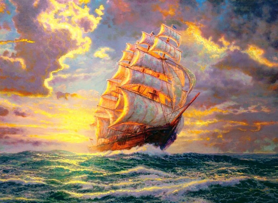 Паруса в море - корабль, море, паруса, природа, пейзаж - оригинал