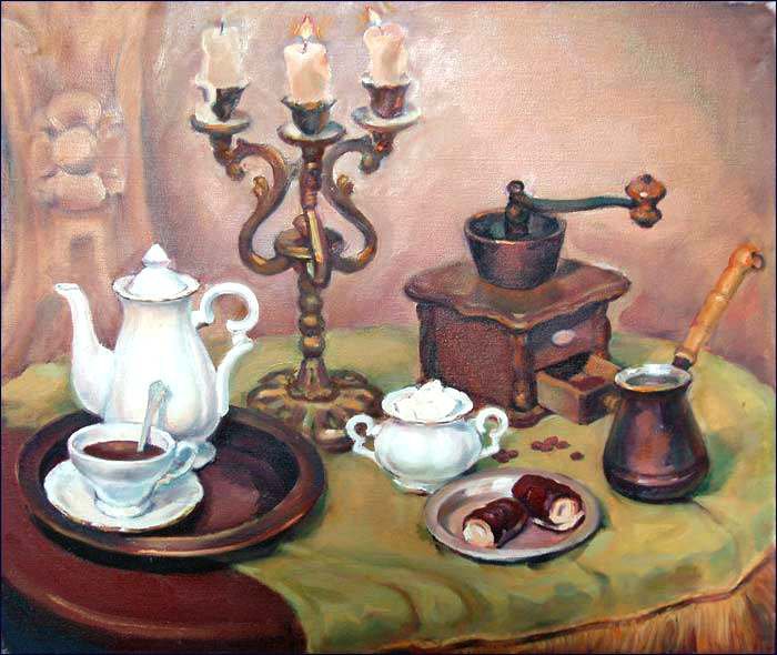 Кофейный натюрморт - кофе, чайник, десерт, свеча, натюрморт - оригинал