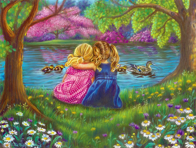 Подружки - дети, дружба, животные, природа, девочки, утки - оригинал