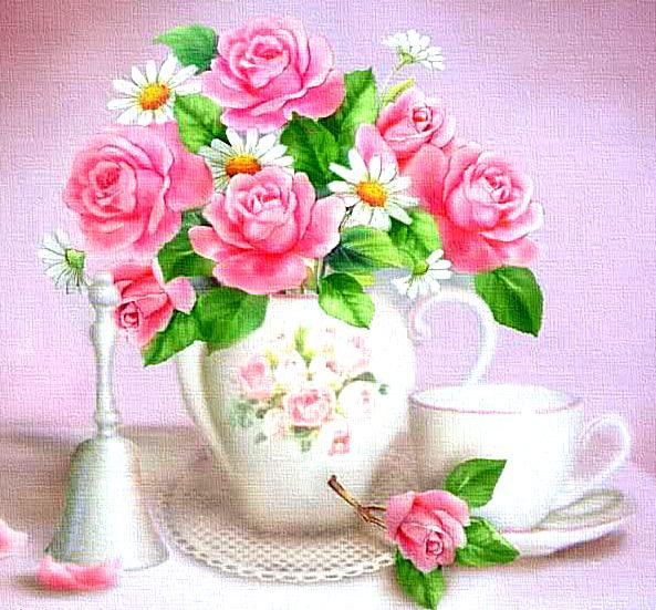 Нежное утро - розы, цветы, букет, кухня, чашка - оригинал