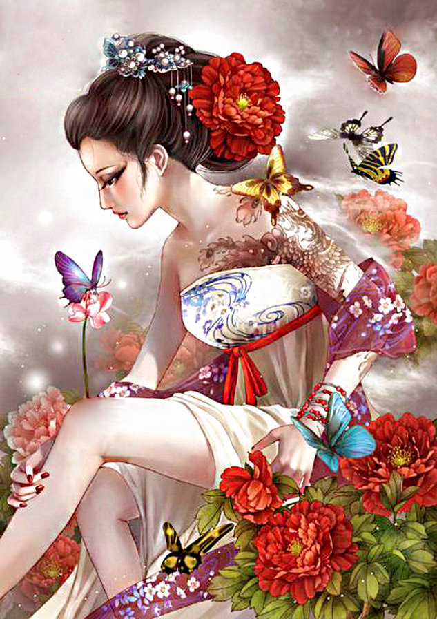 Девушка с бабочками - восток, красавица, фэнтези, азия, девушка - оригинал
