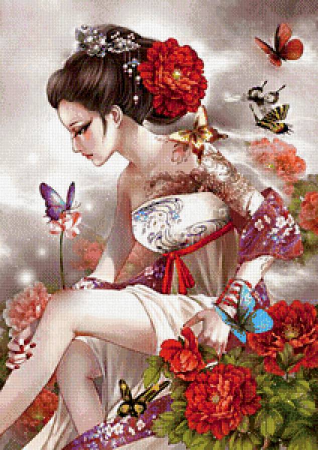 Девушка с бабочками - азия, фэнтези, восток, девушка, красавица - предпросмотр