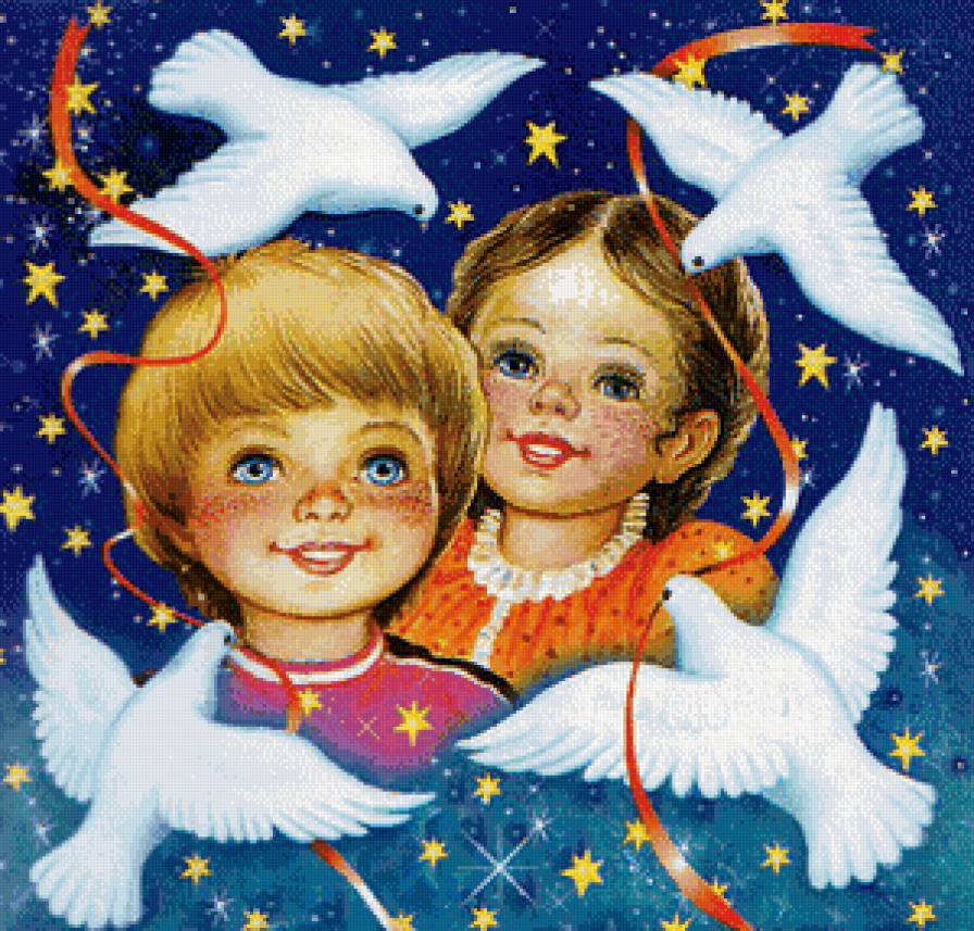 Счастливое детство - звезды, мальчик, детство, дети, голуби, птицы, девочка - предпросмотр