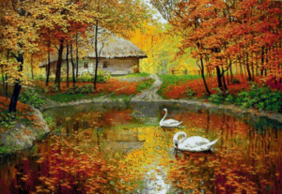 лебеди на пруду - лес, осень, вода, дом, пруд, лебедь - предпросмотр