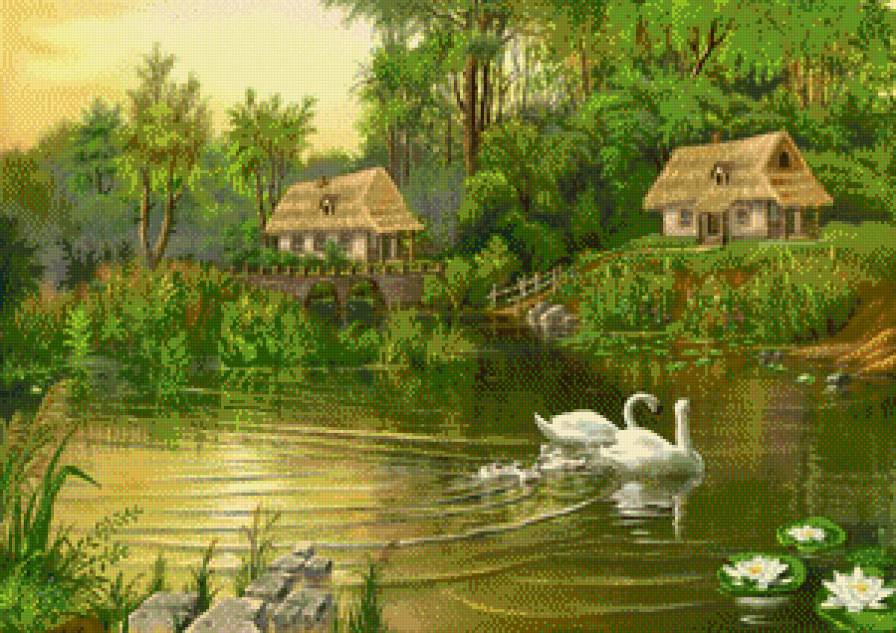 лебединая семья - вода, дом, деревья, лебеди - предпросмотр