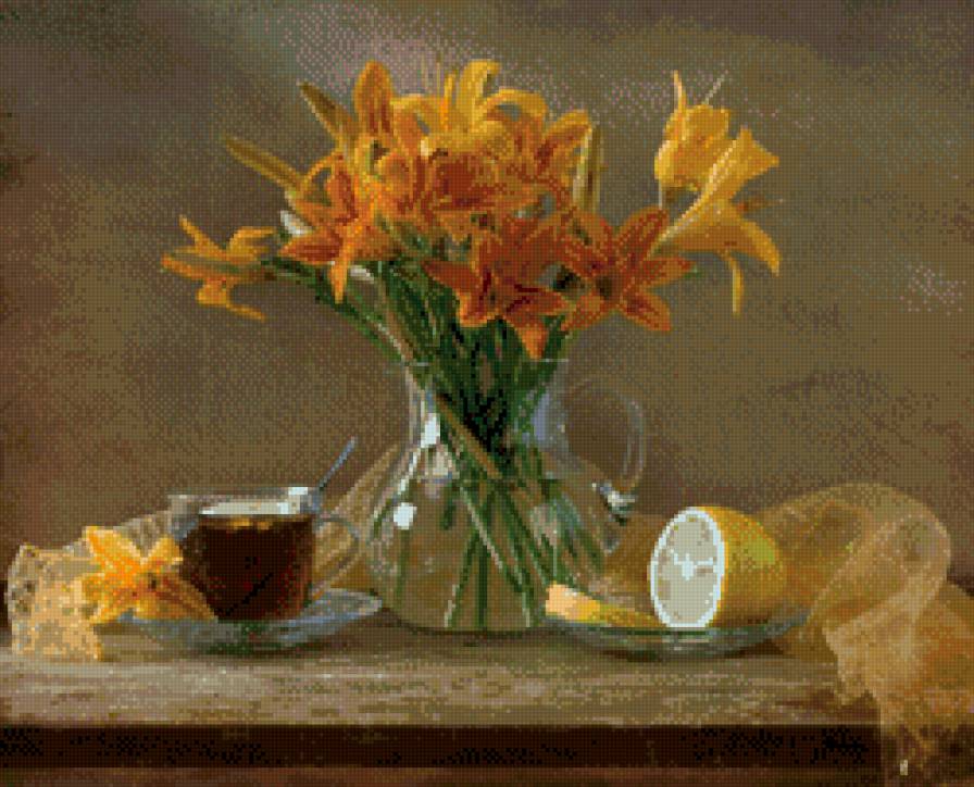 лилии - лимон, чай, лилии, букет, натюрморт - предпросмотр