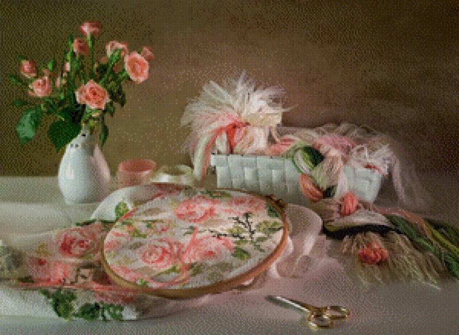 Вышивальный натюрморт - вышивка, натюрморт, цветы - предпросмотр