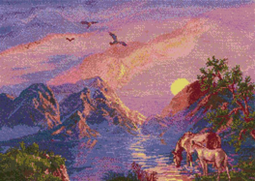 Кони на водопое - кони, река, горы, закат - предпросмотр