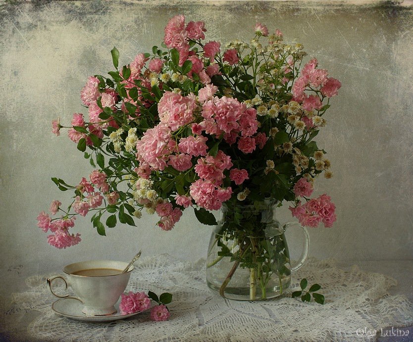 Натюрморт с цветами - цветы, чашка - оригинал