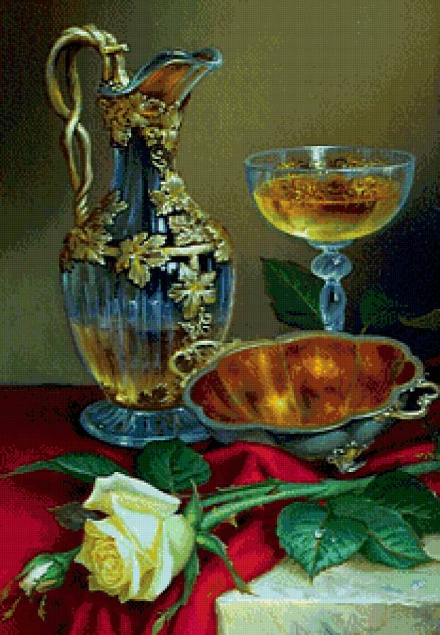 Натюрморт - натюрморт, вино, кувшин, роза - предпросмотр