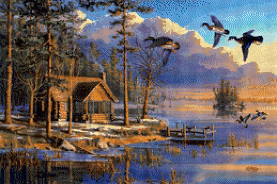 Пейзаж - утки, дом, пейзаж, красиво - предпросмотр