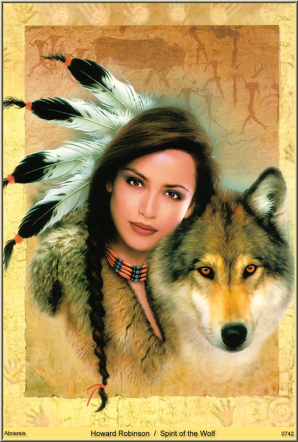 Индейская девушка с волком - животные, фэнтези, волк, девушка - оригинал
