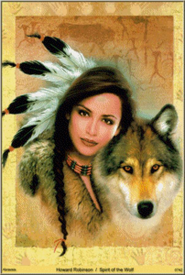 Индейская девушка с волком - девушка, фэнтези, волк, животные - предпросмотр