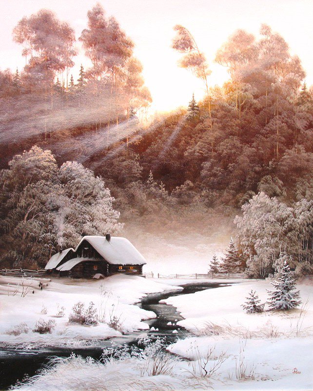 домик в снегу - лес, снег, дом, ручей, природа, пейзаж - оригинал