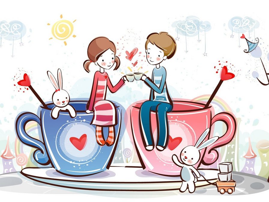 парочка - девочка, чай, мальчик, люди, дети - оригинал