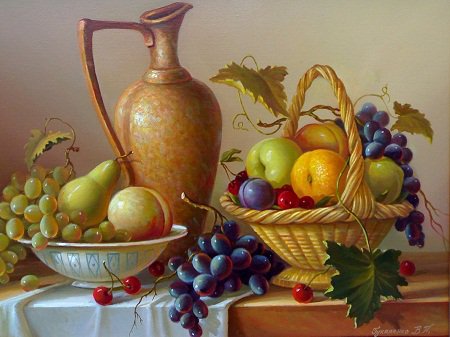 Натюрморт - натюрморт, кувшин, кухня, виноград, фрукты - оригинал