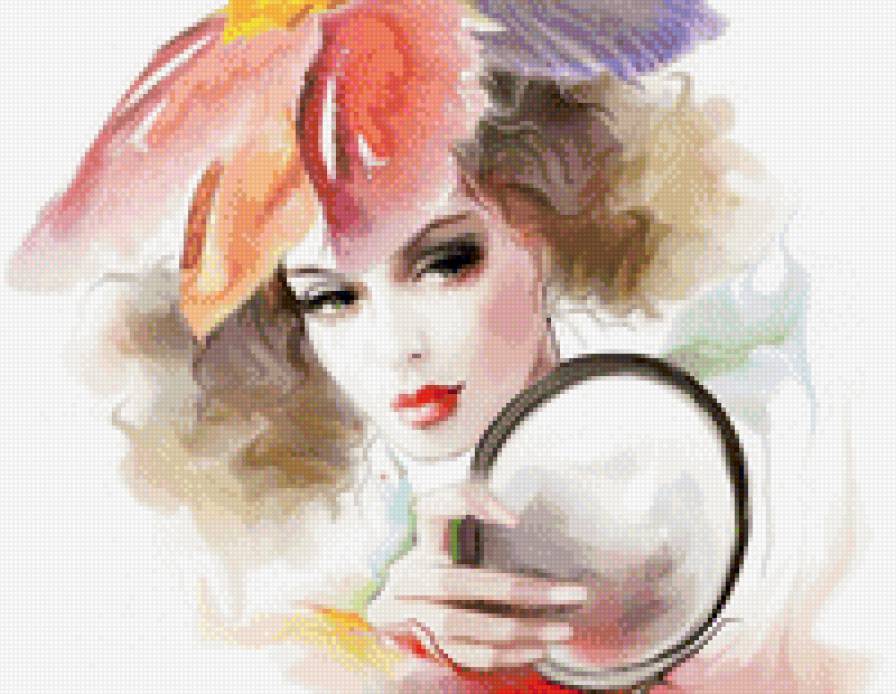 Дувушка с зеркалом - акварель, живопись, девушка, портрет, зеркало - предпросмотр