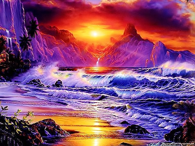 Сказочный закат у моря. - закат, прибой, море, сказка, горы - оригинал