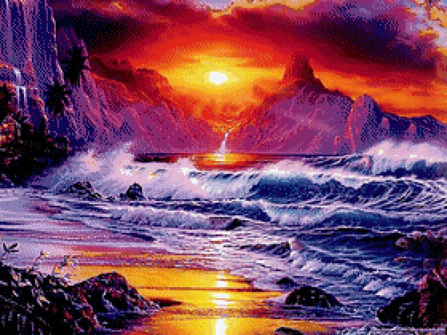 Сказочный закат у моря. - море, горы, сказка, закат, прибой - предпросмотр