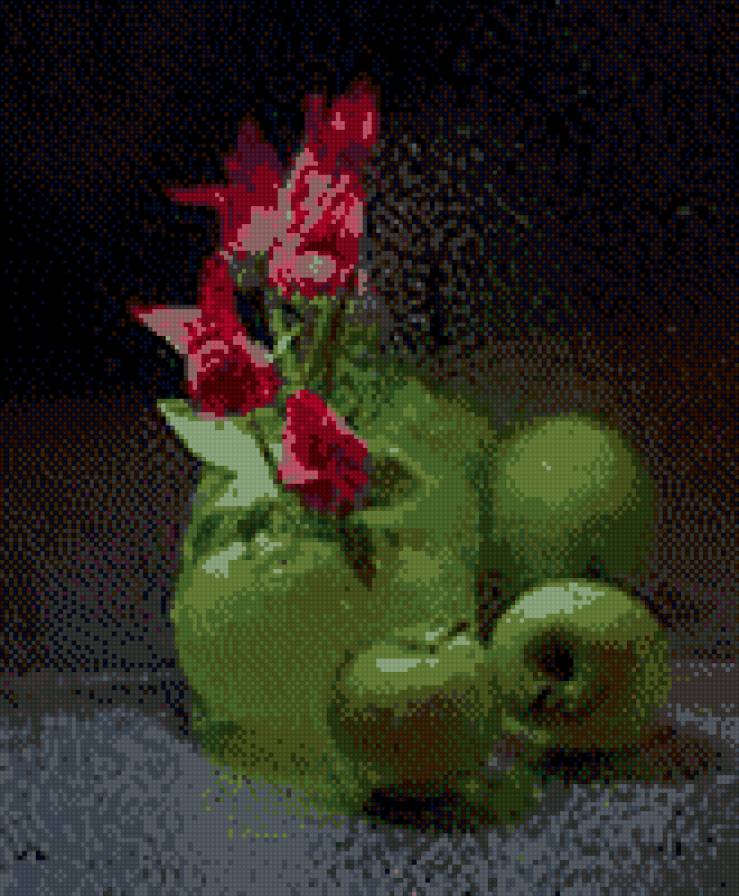 С ЯБЛОКАМИ - натюрморт, цветы, фрукты.вазы - предпросмотр