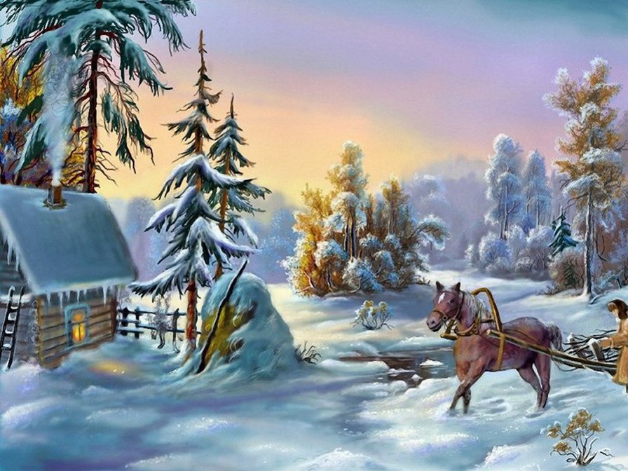 Зимний пейзаж - зима, лошадка, домик, пейзаж - оригинал