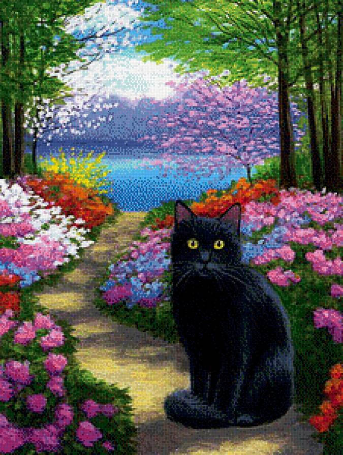 Жил да был черный кот - сад, кот, цветы, пейзаж - предпросмотр