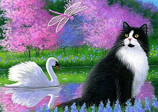У пруда - пейзаж, лебедь, лето, кошка, пруд, стрекоза - оригинал
