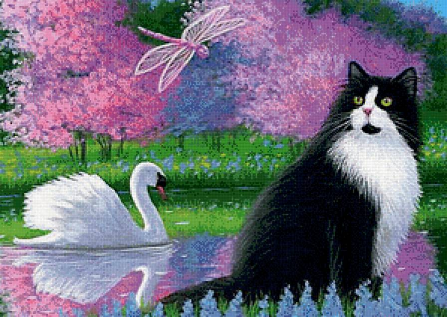 У пруда - лето, лебедь, стрекоза, пейзаж, кошка, пруд - предпросмотр