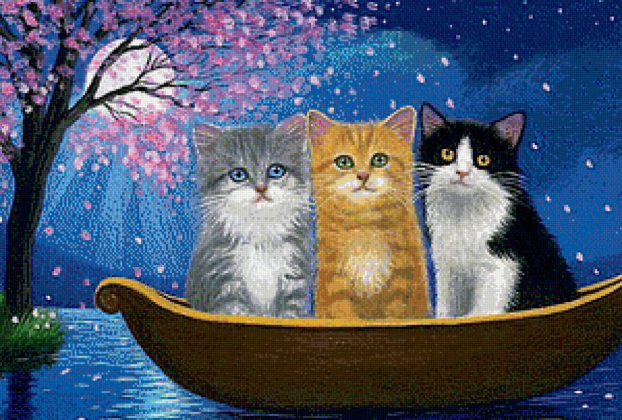Три подружки - луна, река, ночь, кошки, лодка - предпросмотр