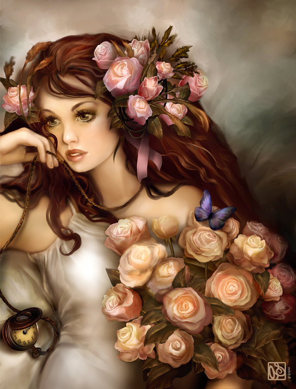 в цветах - девушка, бабочка, женщина, розы - оригинал