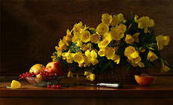 ЖЕЛТЫЙ БУКЕТ - цветы, натюрморт, ваза, фрукты - оригинал