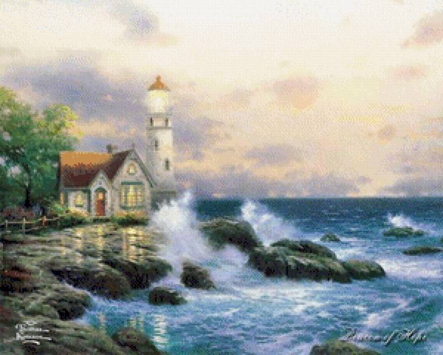 маяк - море, маяк, акварель - предпросмотр