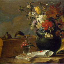Натюрморт с цветами и птицами.Чарльз Уайт