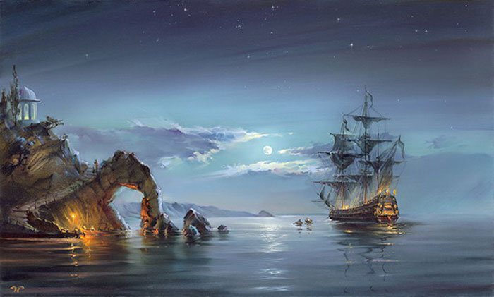 лунная ночь - пейзаж, корабль, море - оригинал