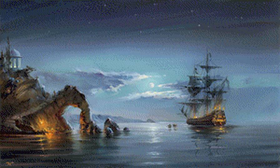 лунная ночь - корабль, море, пейзаж - предпросмотр