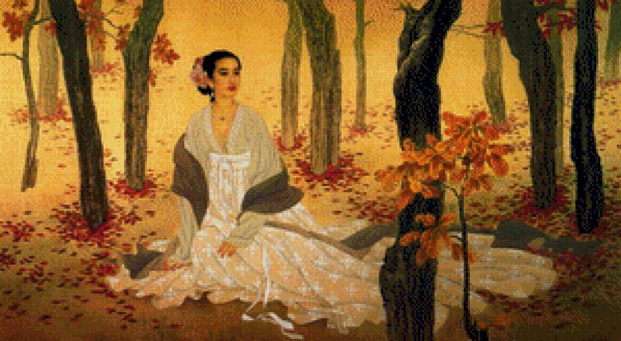 Восточные мотивы - девушка, восток, японка, картина - предпросмотр