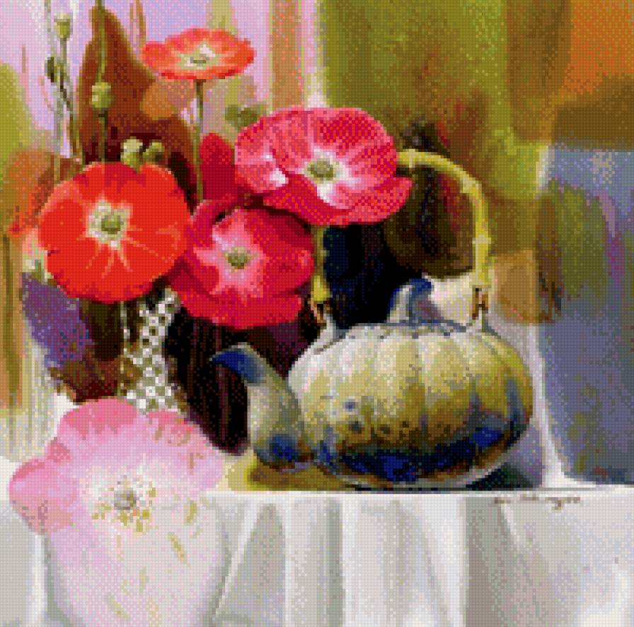 натюрморт - маки, чайник, цветы, натюрморт - предпросмотр