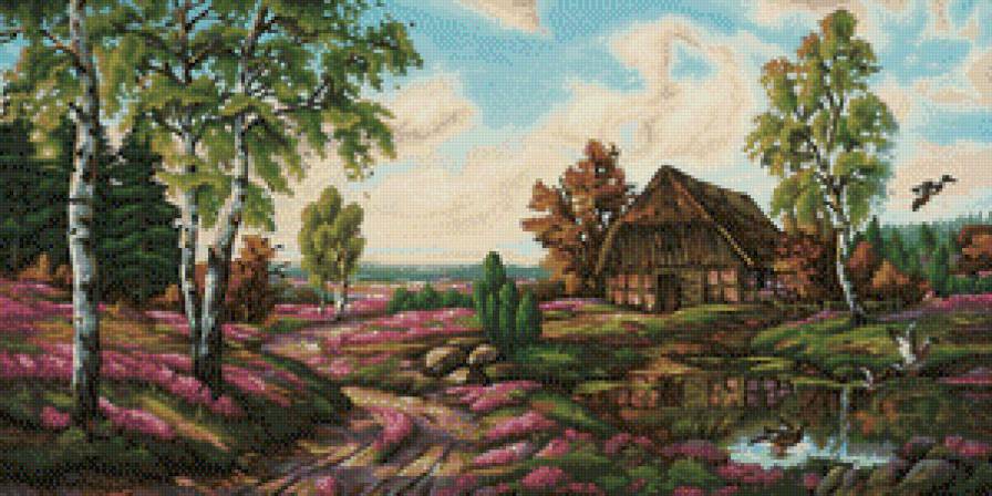 Пейзаж - птицы, пейзаж, домик, природа, река - предпросмотр