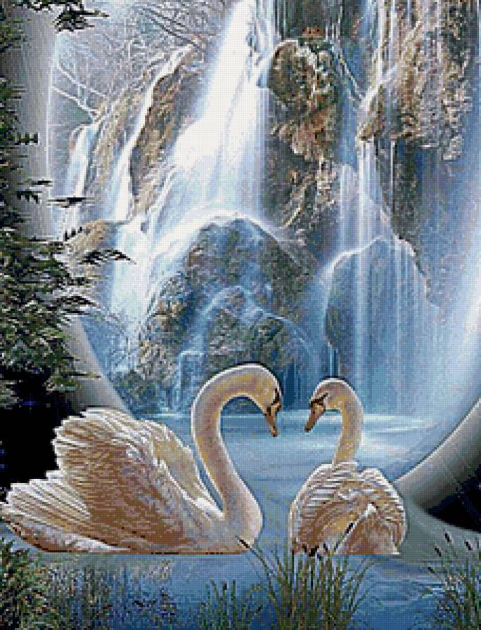 Лебеди у водопада - горы, река, пейзаж, птицы, лебеди, природа - предпросмотр