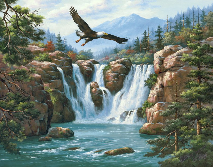 Орел над водопадом - орел, пейзаж, природа, горы, птицы - оригинал