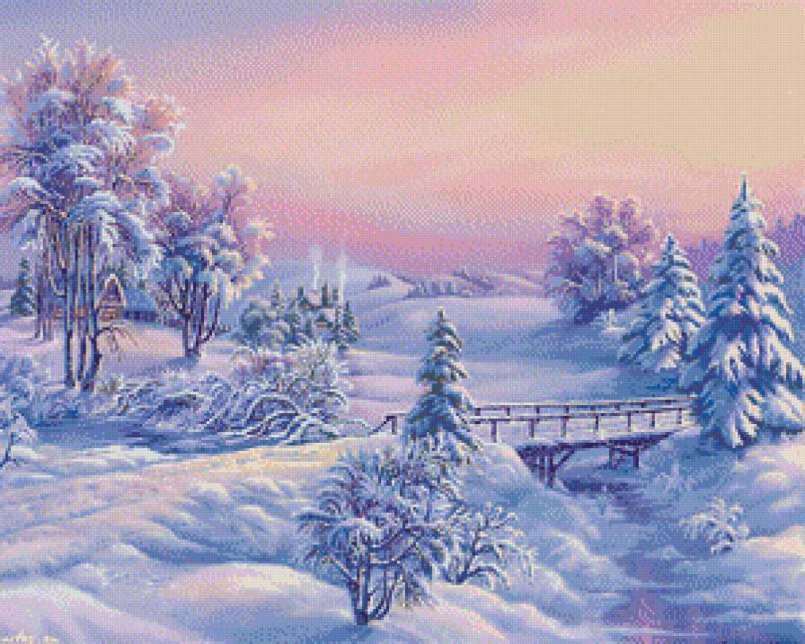 зимний пейзаж - мост, дом, пейзаж, снег, река, зима - предпросмотр