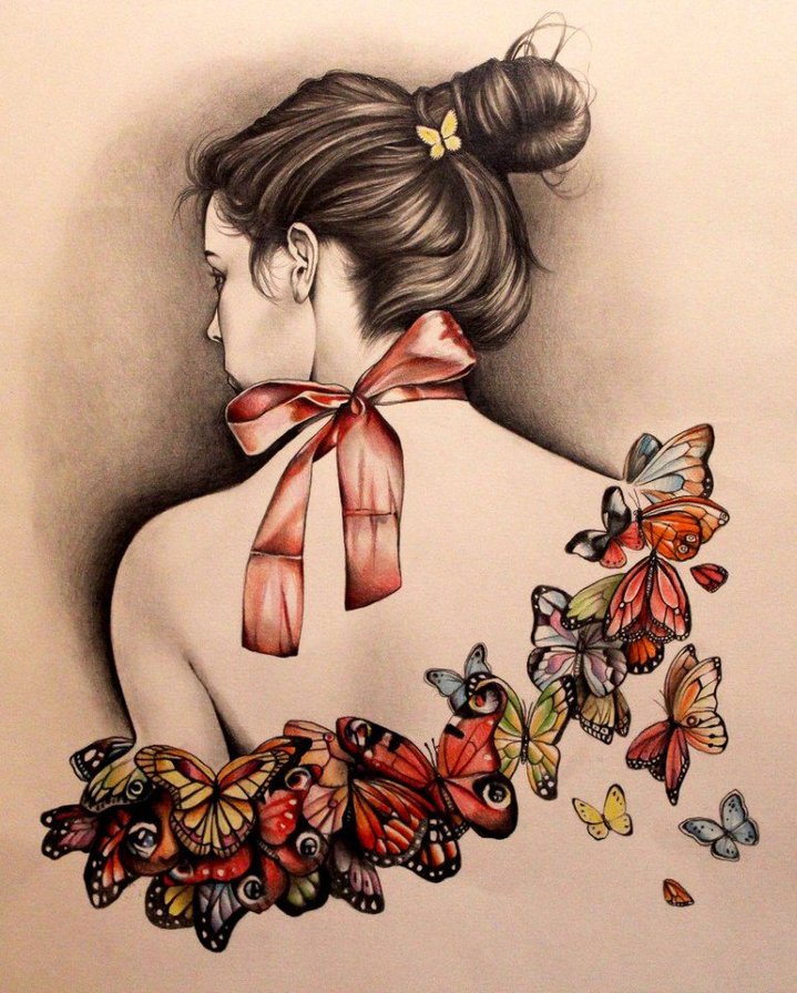 девушка и бабочки - девушка, бабочки, рисунок - оригинал