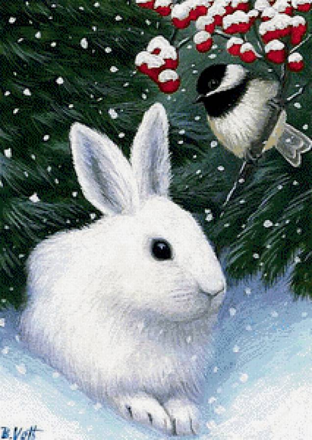 Зайчишка и птичка - зайцы, птичка, ягодки, животные - предпросмотр