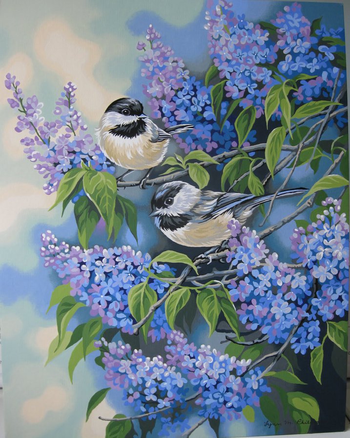 Птички в сирени - птицы, цветы - оригинал