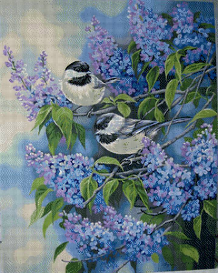 Птички в сирени - птицы, цветы - предпросмотр